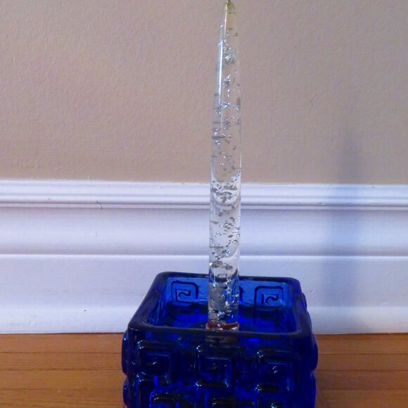 Vintage 60s Scandinavian square candle holde heavy blue glass Rihimaki "Talari" - Picture 6 of 8